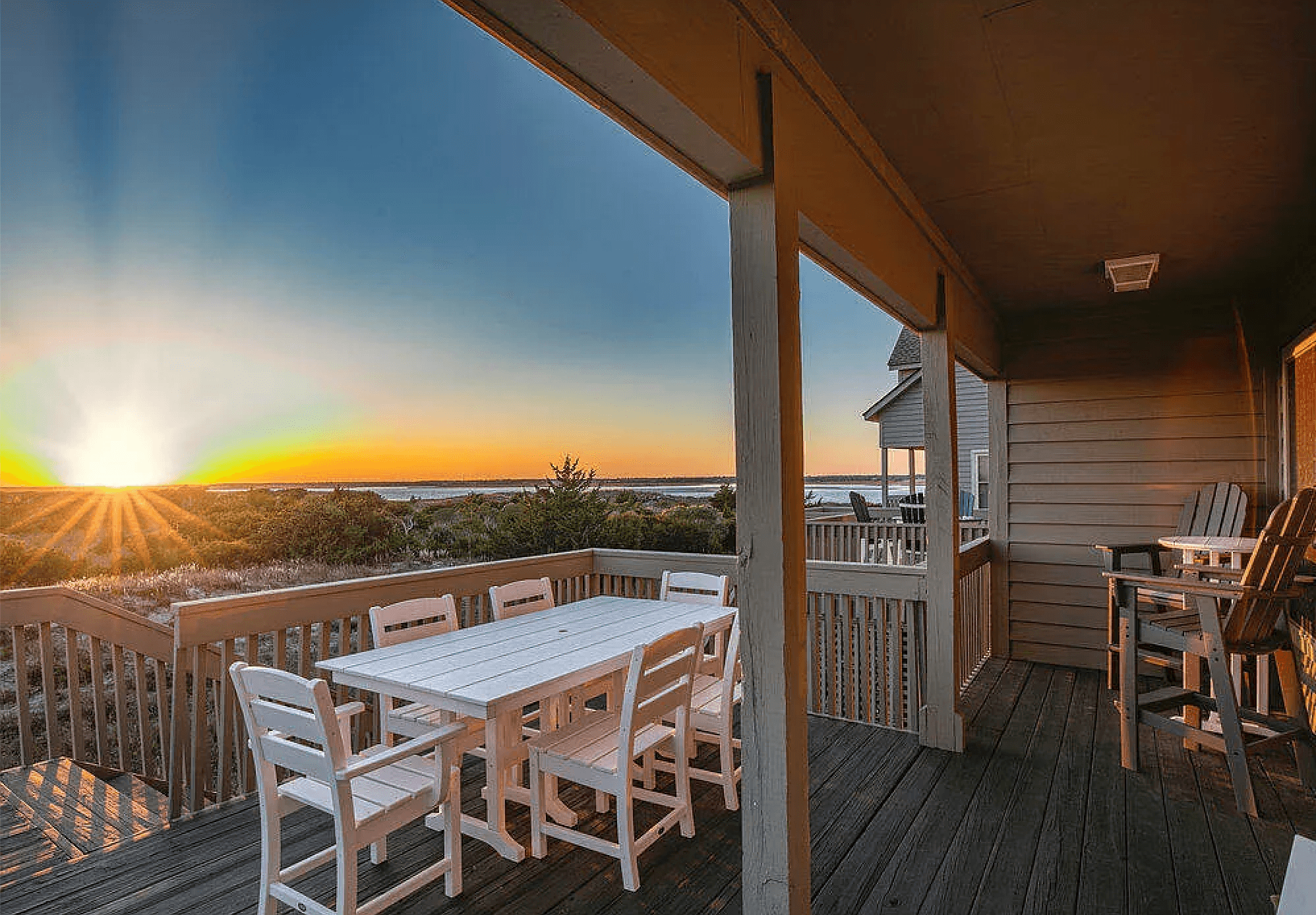 Sunset over the sound from a covered deck at Serenity Point, Topsail Beach